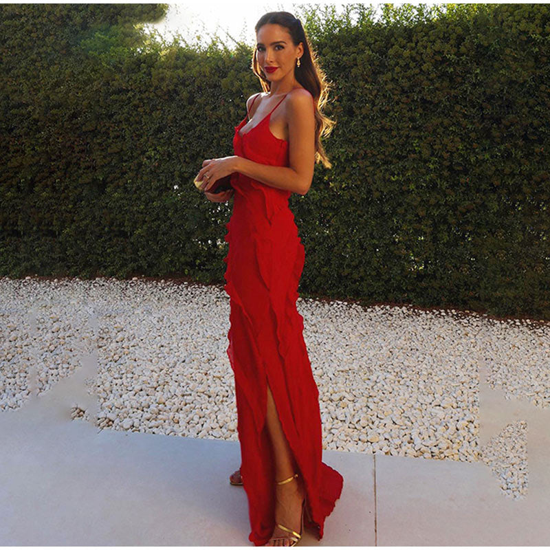 Maxi Jurk Ruffles en Lange Split Zomerjurk Vrouw