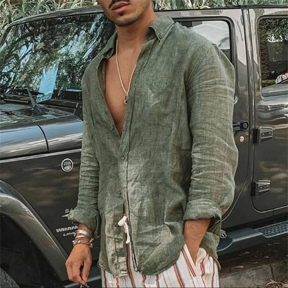 Men's Loose-Fit Long Sleeve Linen Shirt