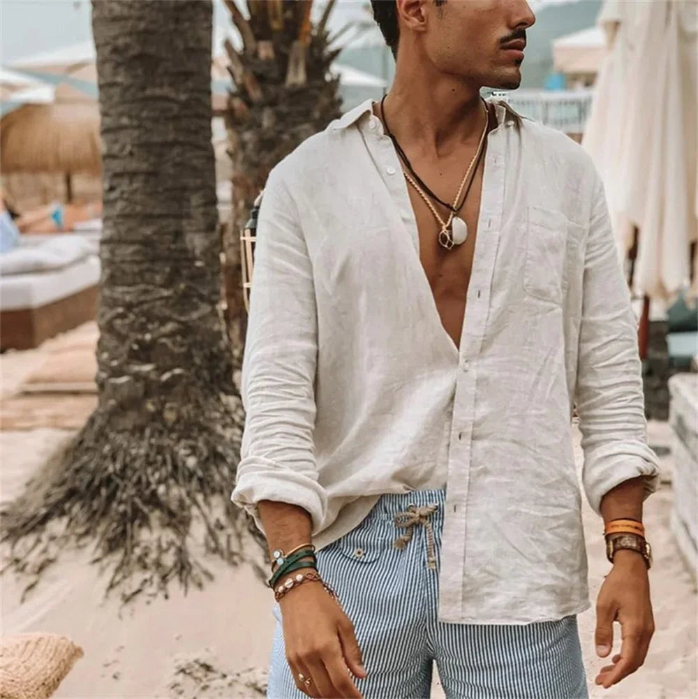 Men's Loose-Fit Long Sleeve Linen Shirt
