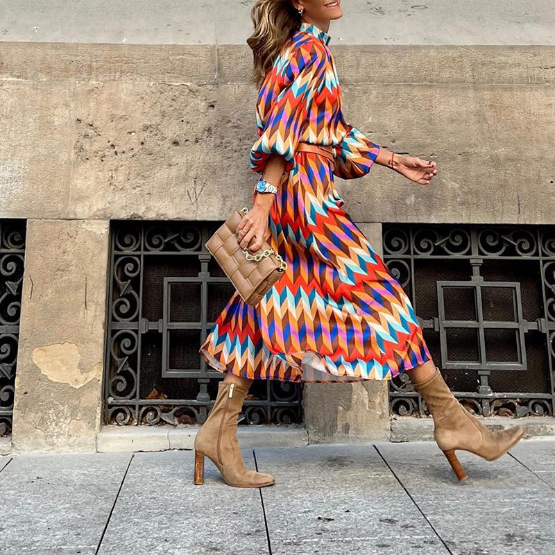 Midi Jurk met Kleurrijke Print Vrouwelijke Stijl - Mode Vibes