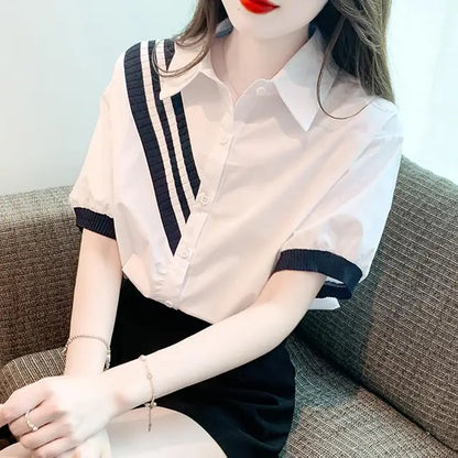 Luna's Mode past bij Contrast Kleur Omgeslagen Kraag Shirt voor Vrouwen!
