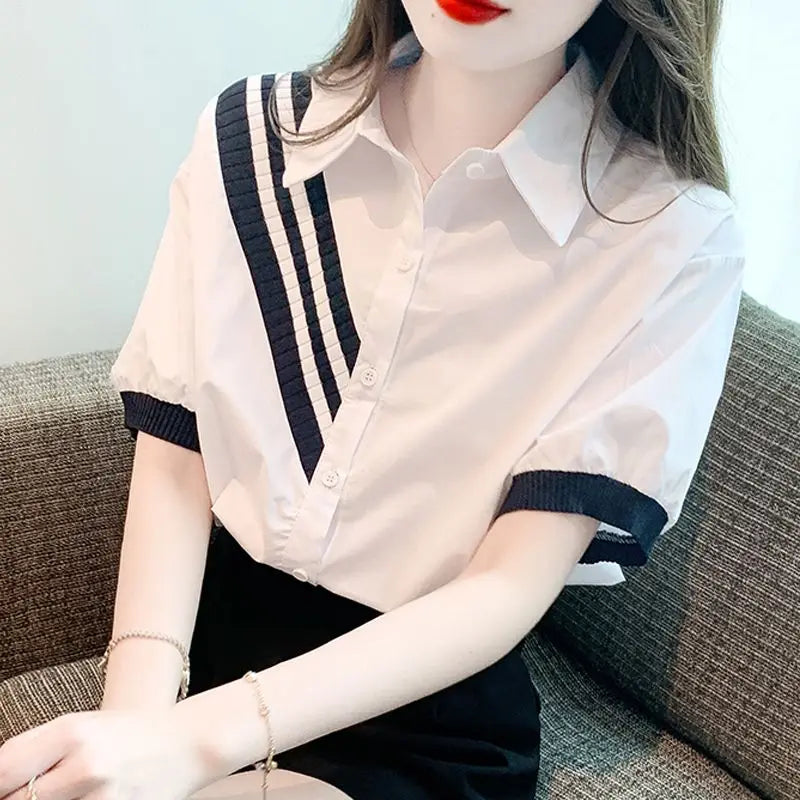 Luna's Mode past bij Contrast Kleur Omgeslagen Kraag Shirt voor Vrouwen!