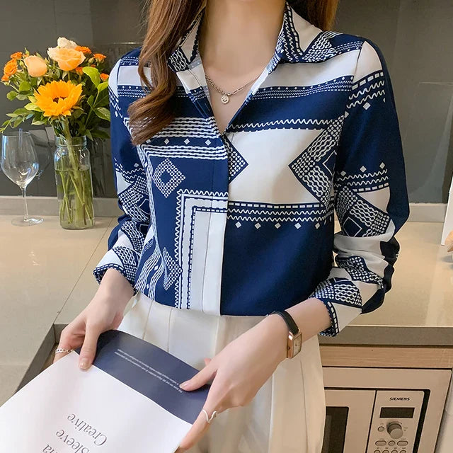 Elegante Bedrukte Blouse voor Lente en Herfst