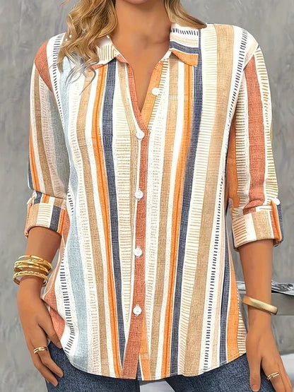 Oranje Gestreepte Blouse met Print en Lange Mouwen