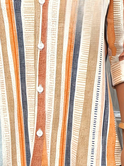 Oranje Gestreepte Blouse met Print en Lange Mouwen