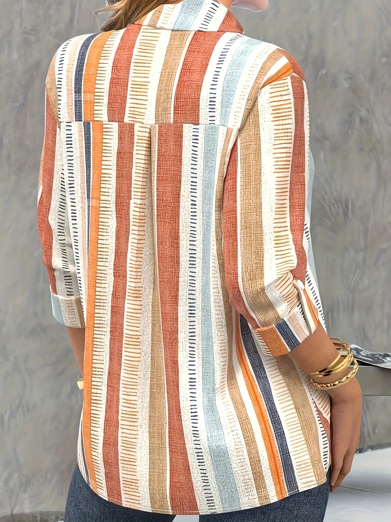 Oranje Gestreepte Blouse met Print en Lange Mouwen