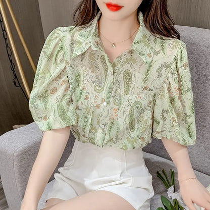 Stijlvolle Zomerblouse met Print en Reverskraag voor Vrouwen