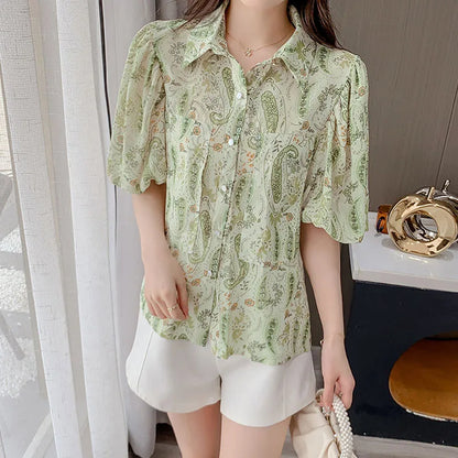 Stijlvolle Zomerblouse met Print en Reverskraag voor Vrouwen