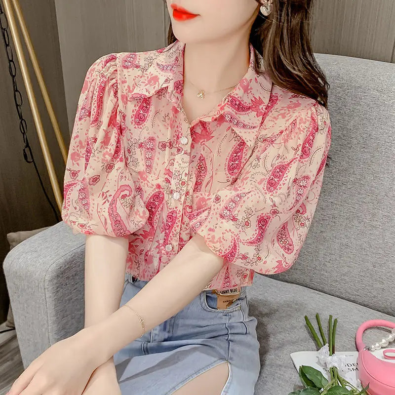 Stijlvolle Zomerblouse met Print en Reverskraag voor Vrouwen