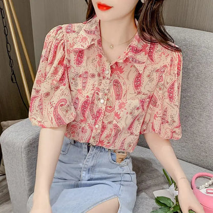 Stijlvolle Zomerblouse met Print en Reverskraag voor Vrouwen