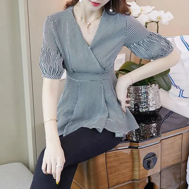 Zephyr Elegante Dames Lantaarnmouw Gestreepte Blouses met Ruches