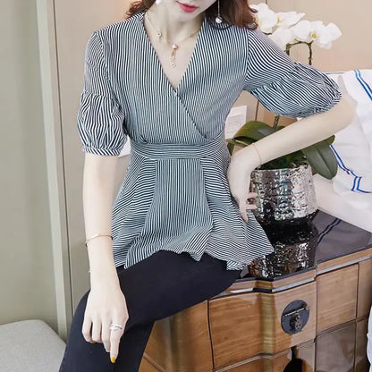Zephyr Elegante Dames Lantaarnmouw Gestreepte Blouses met Ruches