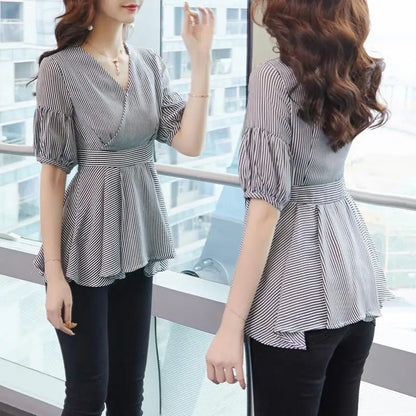Zephyr Elegante Dames Lantaarnmouw Gestreepte Blouses met Ruches