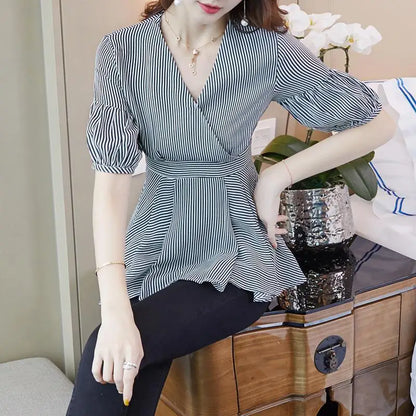 Zephyr Elegante Dames Lantaarnmouw Gestreepte Blouses met Ruches
