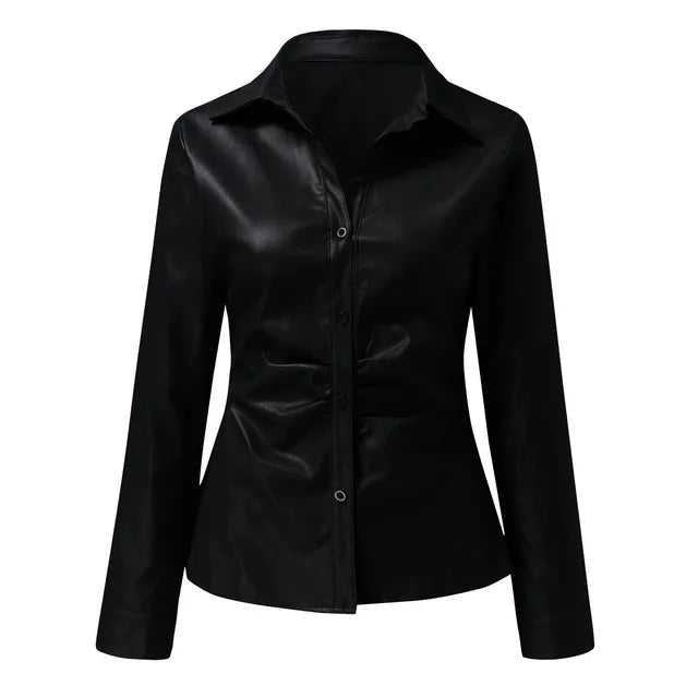 Modieuze Lederen Blouse met Lange Mouwen