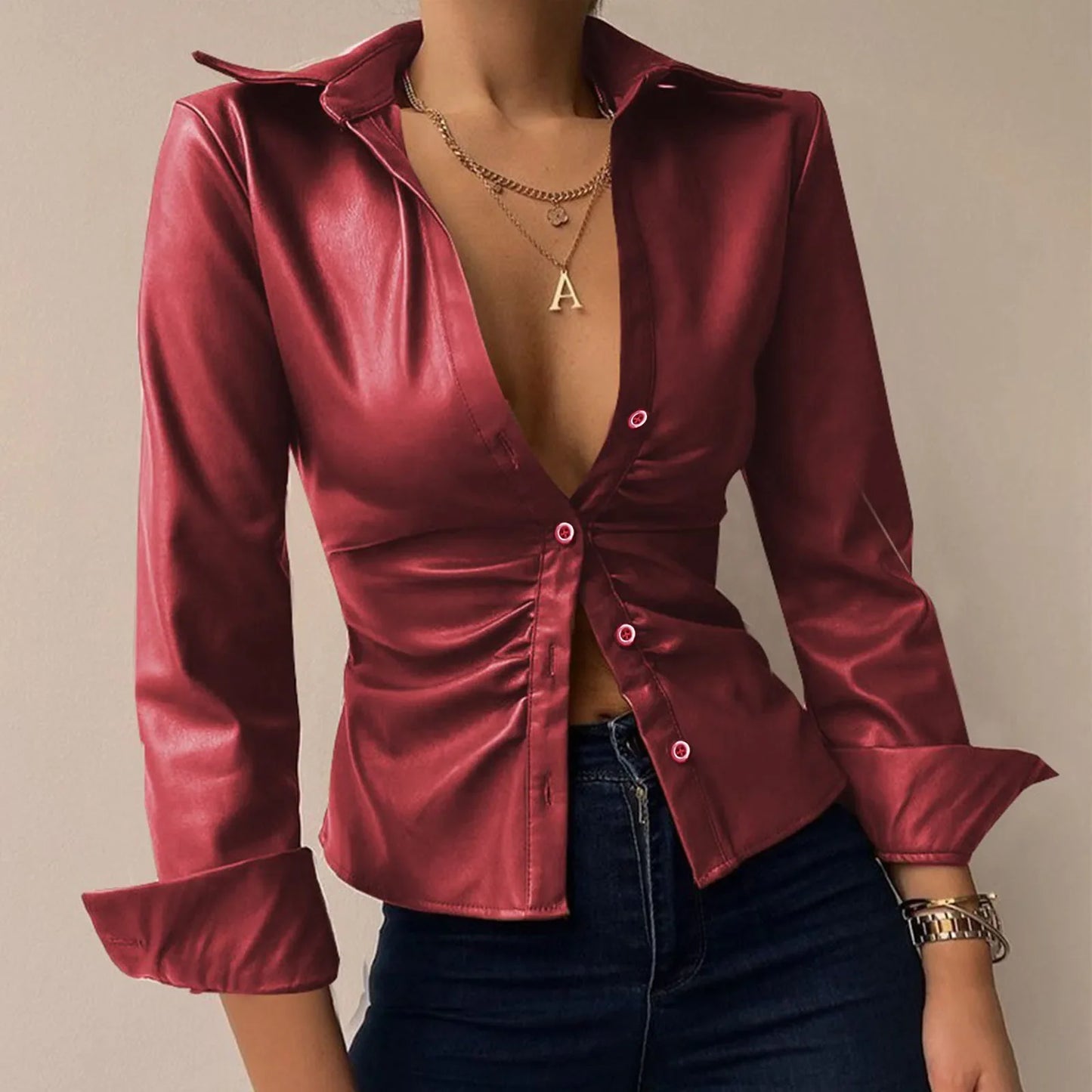 Modieuze Lederen Blouse met Lange Mouwen