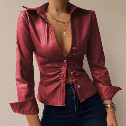 Modieuze Lederen Blouse met Lange Mouwen