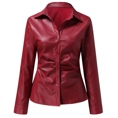 Modieuze Lederen Blouse met Lange Mouwen