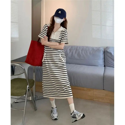 Gestreepte Casual Midi Jurk Met Rits