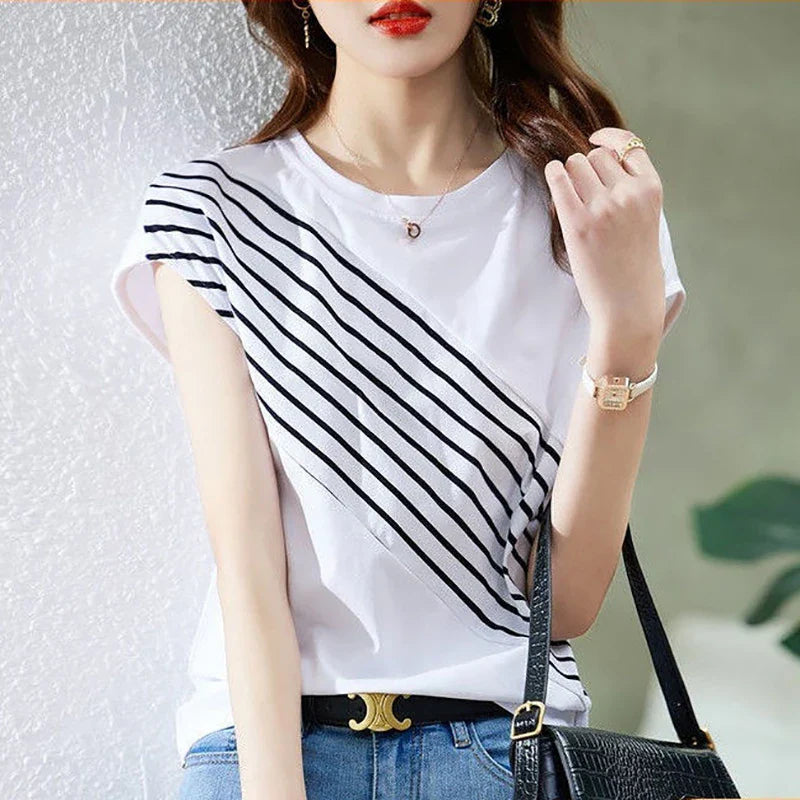 Zomerse Gedrukte Gespleten Vleermuismouw Gestreepte Blouse - Losse Koreaanse Shirt