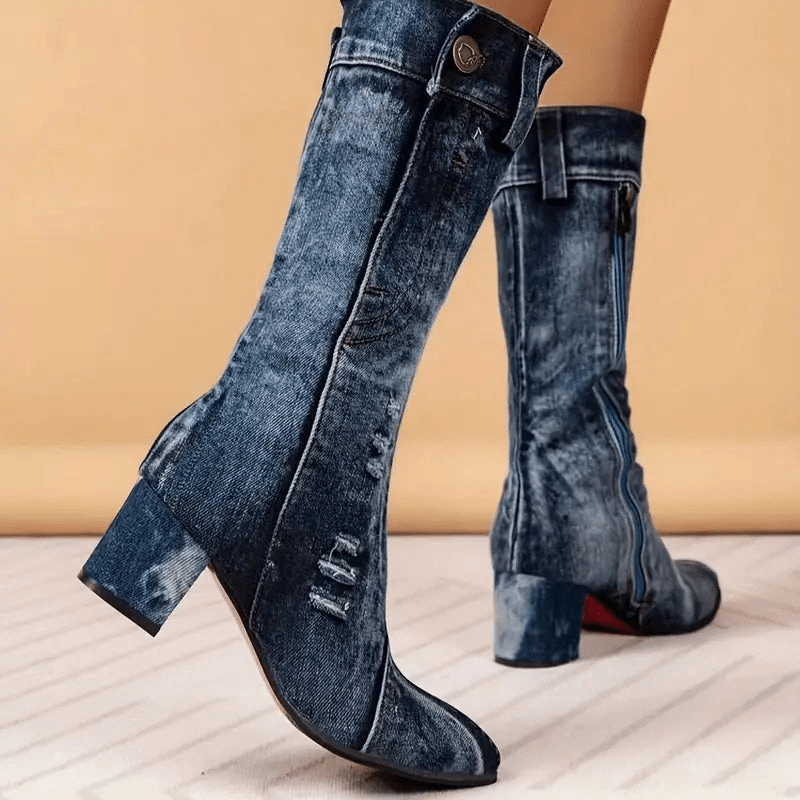 Dames Cowboy Boots Denimblauw Halfhoog Model