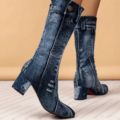 Dames Cowboy Boots Denimblauw Halfhoog Model