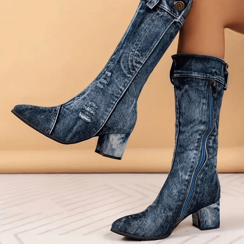 Dames Cowboy Boots Denimblauw Halfhoog Model