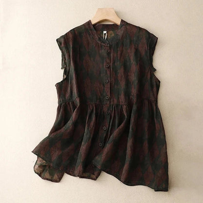 Vrouwelijke Vintage Bloemenprint Linnen Blouse