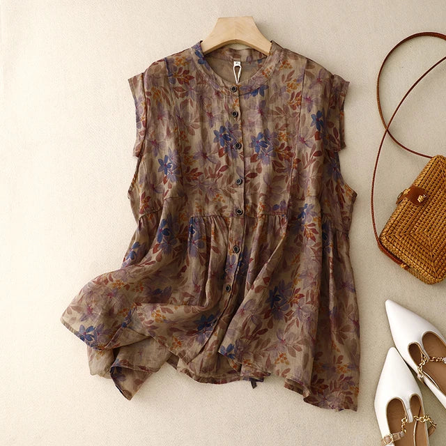 Vrouwelijke Vintage Bloemenprint Linnen Blouse