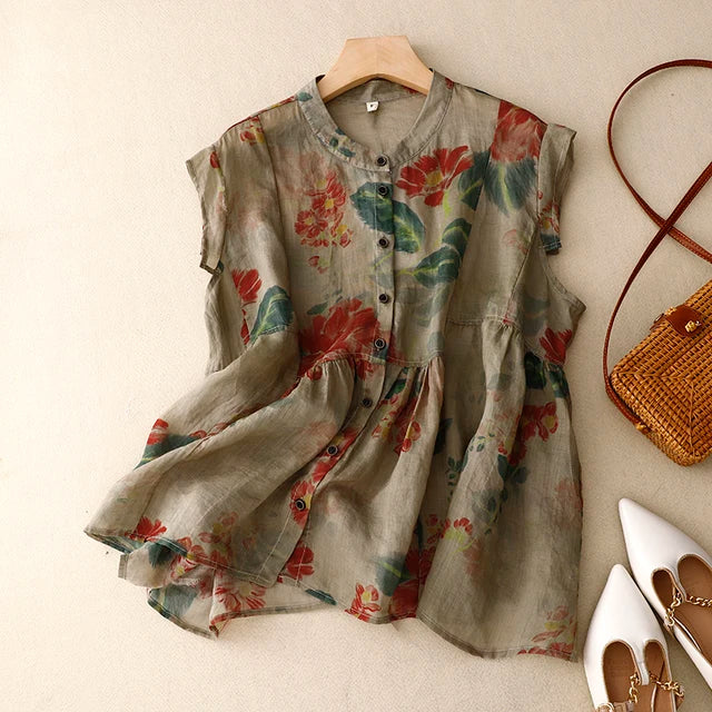 Vrouwelijke Vintage Bloemenprint Linnen Blouse
