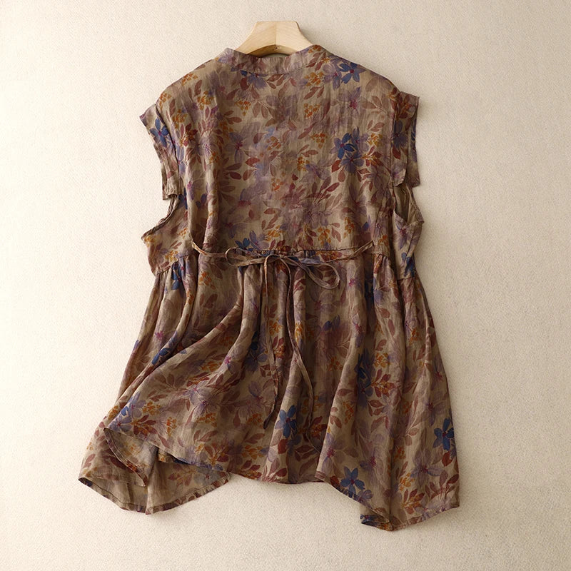 Vrouwelijke Vintage Bloemenprint Linnen Blouse