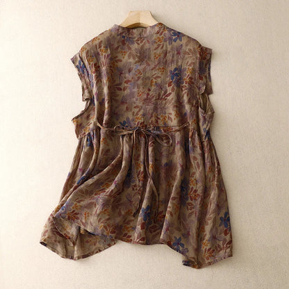 Vrouwelijke Vintage Bloemenprint Linnen Blouse