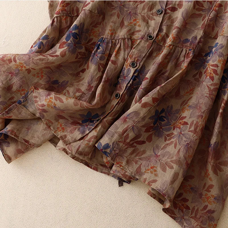 Vrouwelijke Vintage Bloemenprint Linnen Blouse