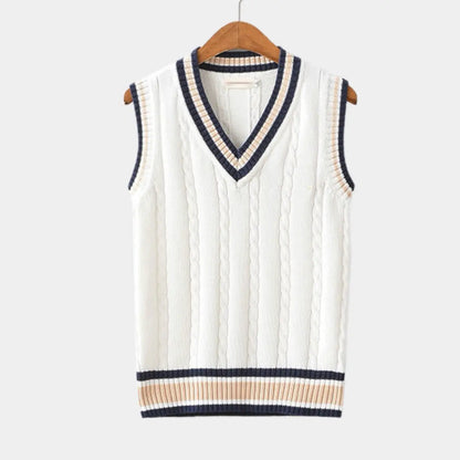 Mouwloos vest met v-hals en kabelpatroon