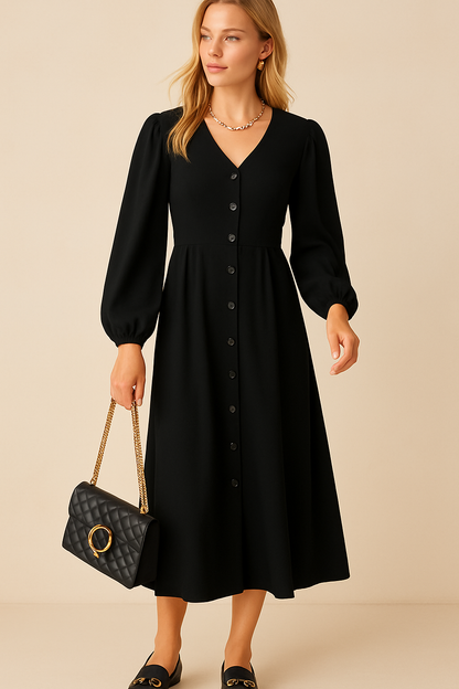 Dames Maxi Jurk Lange Mouwen Knoopsluiting Zomerjurk