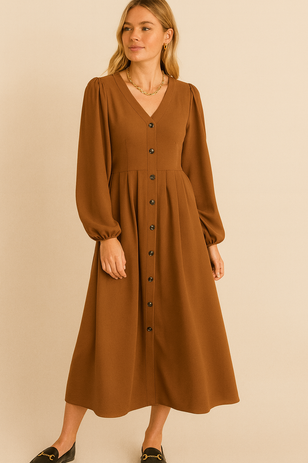 Dames Maxi Jurk Lange Mouwen Knoopsluiting Zomerjurk