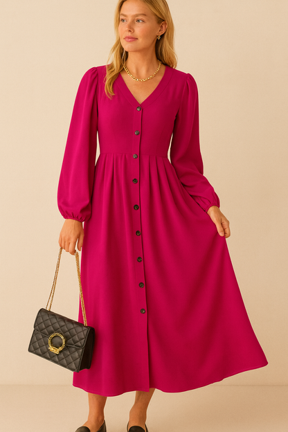 Dames Maxi Jurk Lange Mouwen Knoopsluiting Zomerjurk