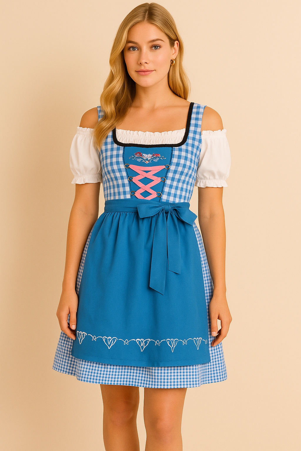 Dames Dirndl Jurk met Aqua en Roze Accenten Oktoberfest Stijl - Mode Vibes