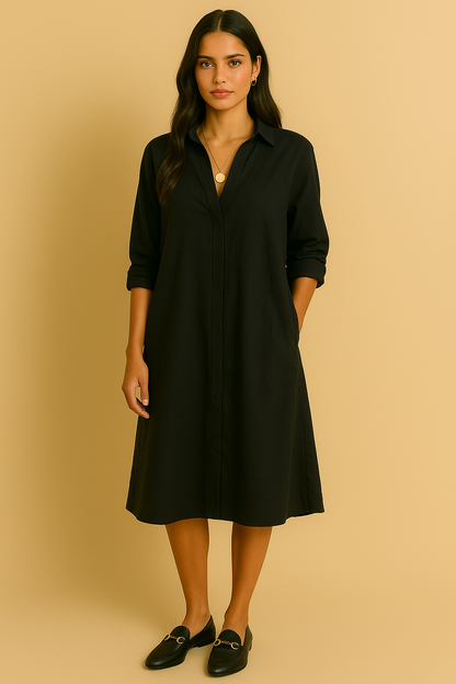 Dames Jurk Midi Elegante Knoopsluiting Zwart Jurk voor Vrouw