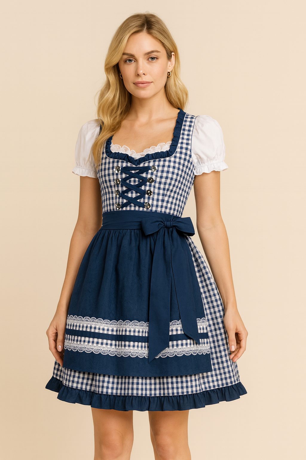 Dames Dirndl Jurk met Geplooide Rok en Knoopsluiting - Mode Vibes