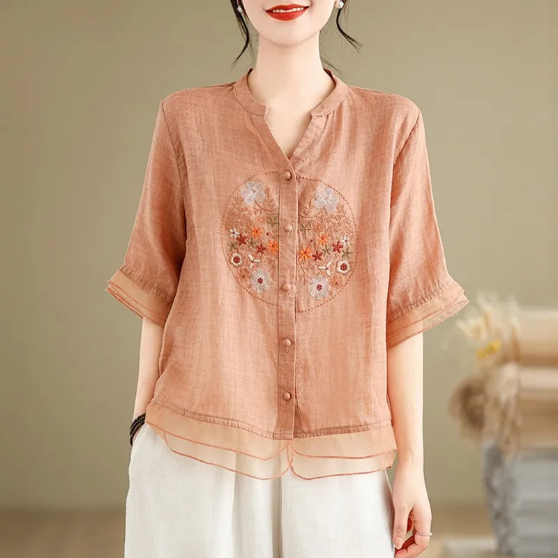 FloraFashion Zomerse Vintage V-Hals Blouse