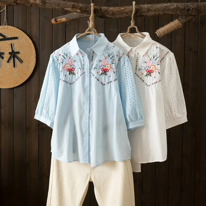 Lente Katoenen Doorkijkblouse voor Vrouwen