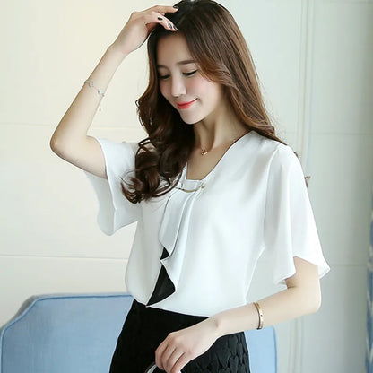 Ontdek de Charme van Lente met Elegant Touch: Chiffon Damesblouse met Korte Mouwen