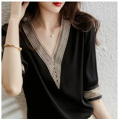 Zwart Chiffon Shirt met Geborduurde Zijden Details - Zomer Chic