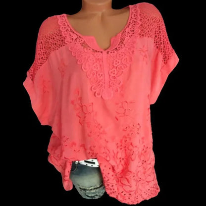 Zomerse Korte Mouwen Kanten Blouse met Losse Pasvorm