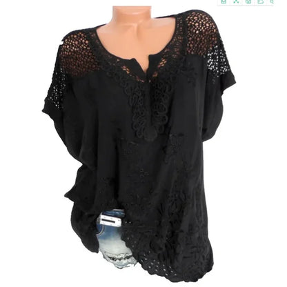 Zomerse Korte Mouwen Kanten Blouse met Losse Pasvorm