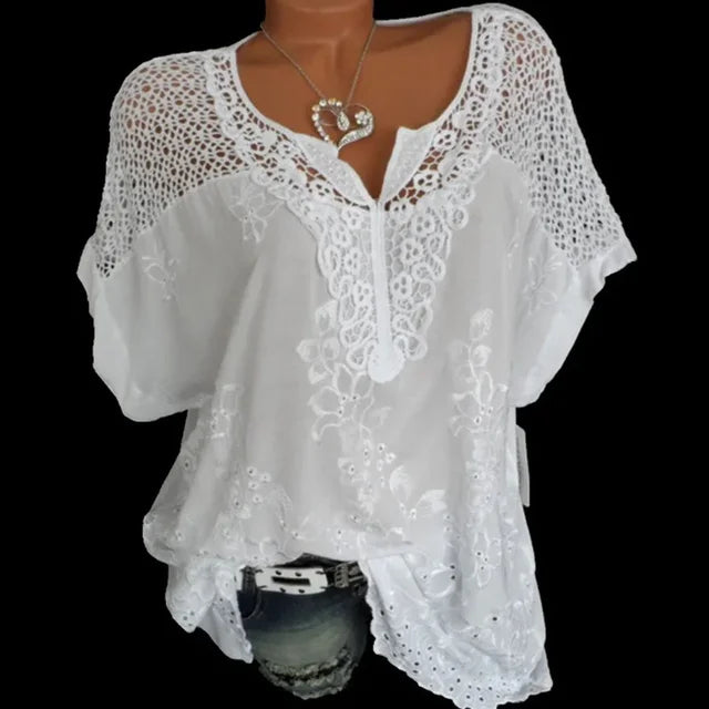 Zomerse Korte Mouwen Kanten Blouse met Losse Pasvorm