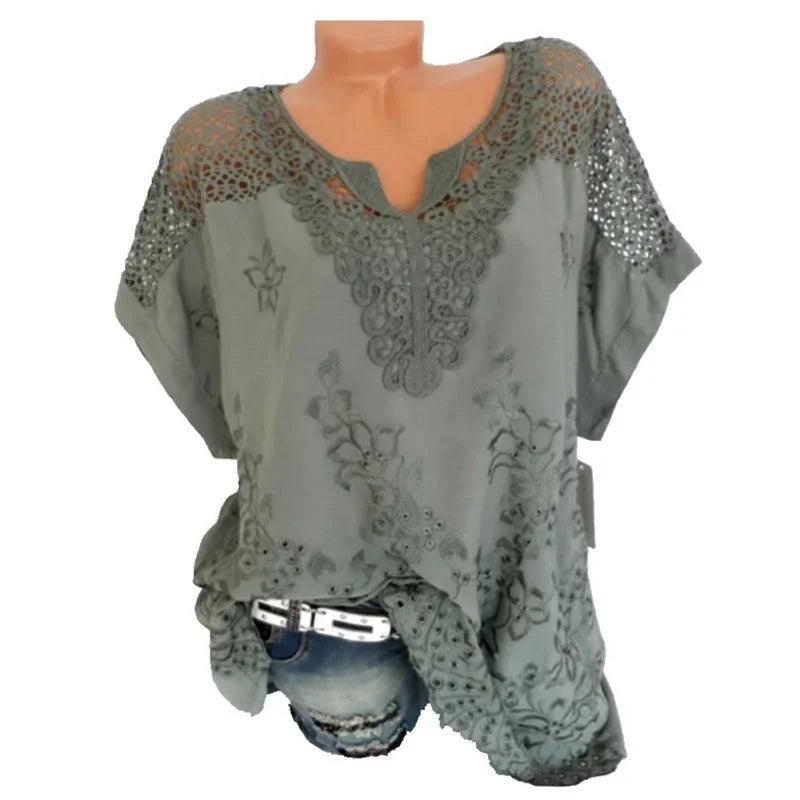 Zomerse Korte Mouwen Kanten Blouse met Losse Pasvorm