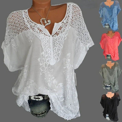 Zomerse Korte Mouwen Kanten Blouse met Losse Pasvorm