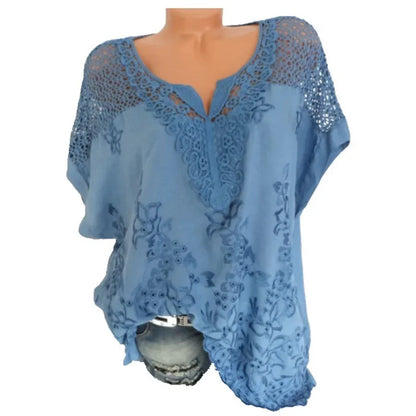 Zomerse Korte Mouwen Kanten Blouse met Losse Pasvorm